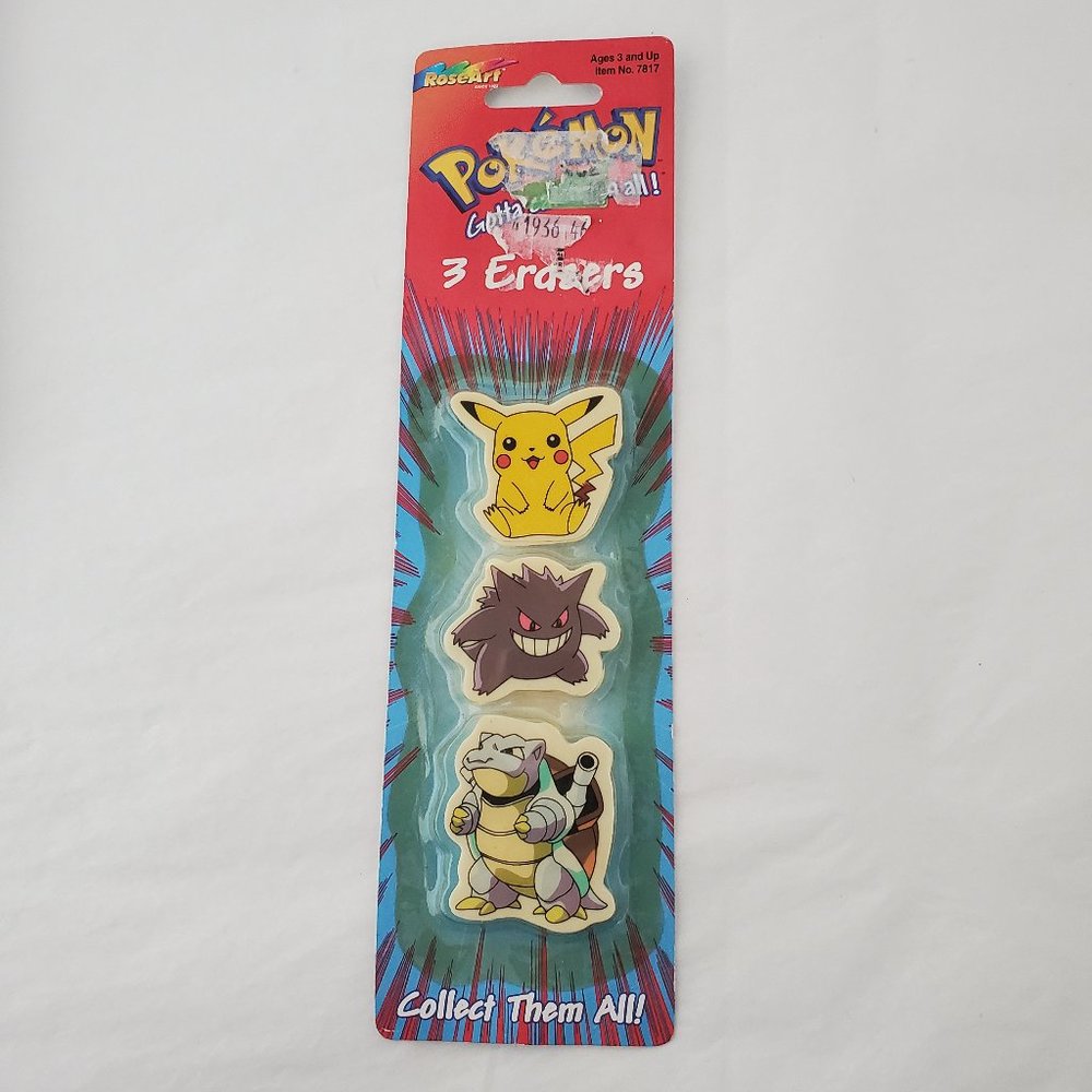 Vtg 90s NOS Sealed Rose Art Pokemon Pencil Erasers Pikachu Gengar Blastoise